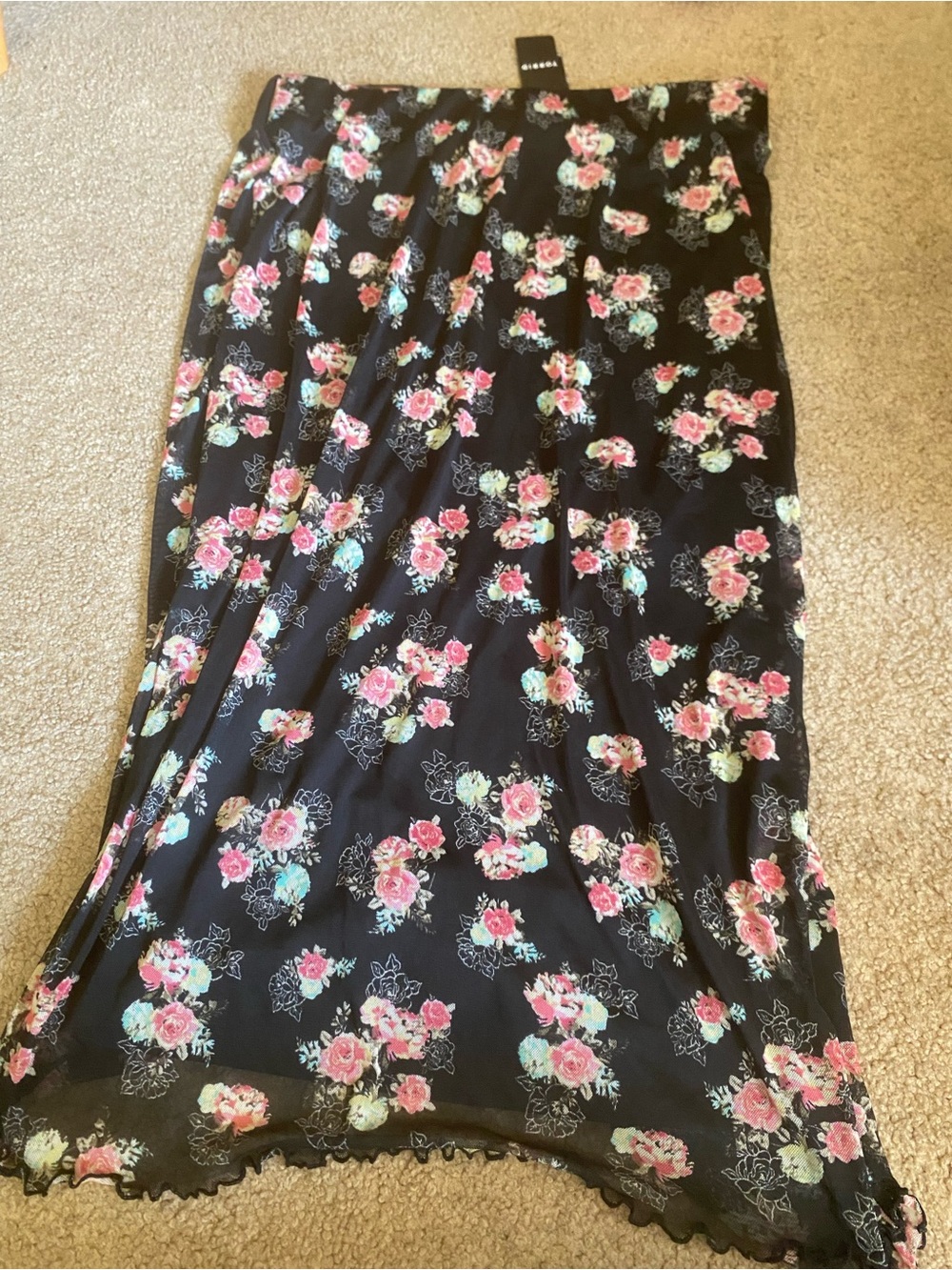 Torrid Black Mesh Floral Maxi Skirt Rose Print Lettuce Hem Size 00 NWT